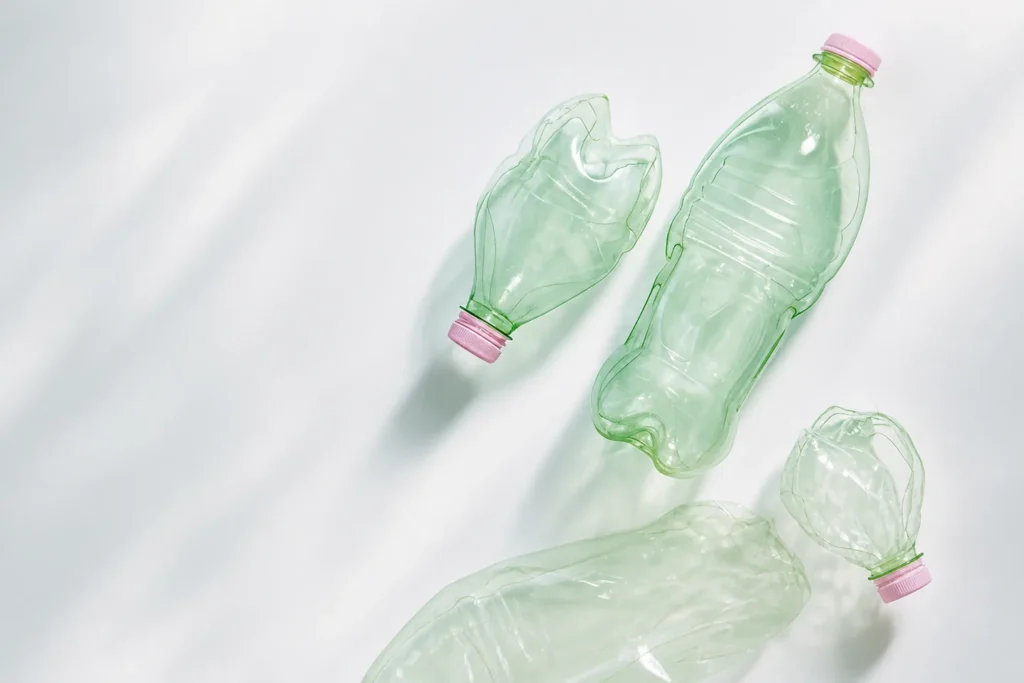 Recycled PET bottle feedstock application visual for recycled polyester staple fiber