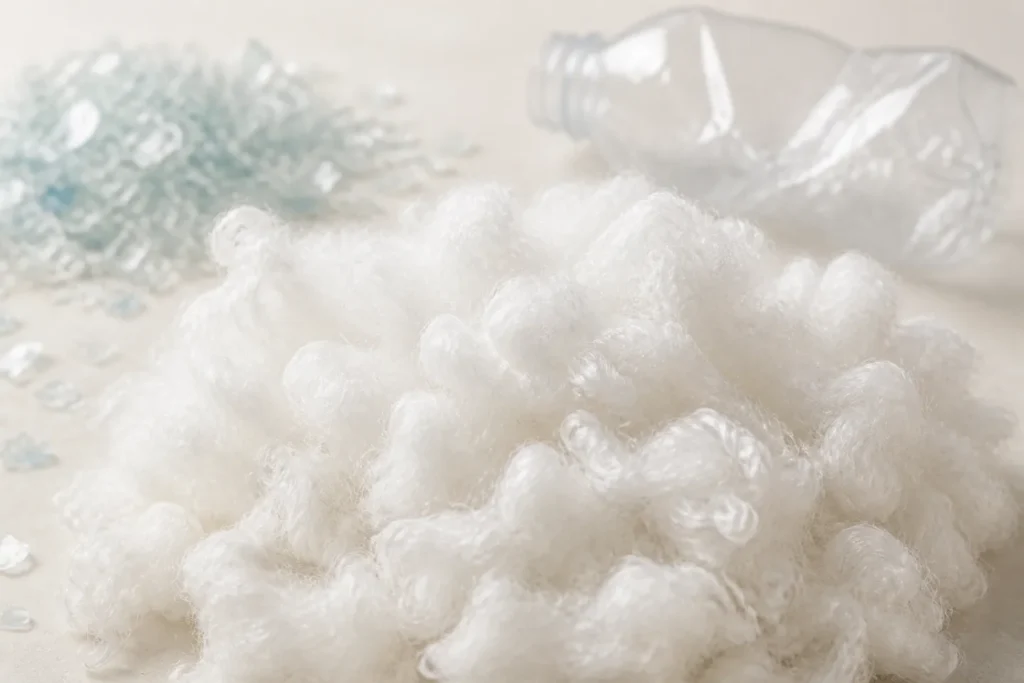 Brand-neutral representative image of recycled polyester staple fiber and recycled PET feedstock