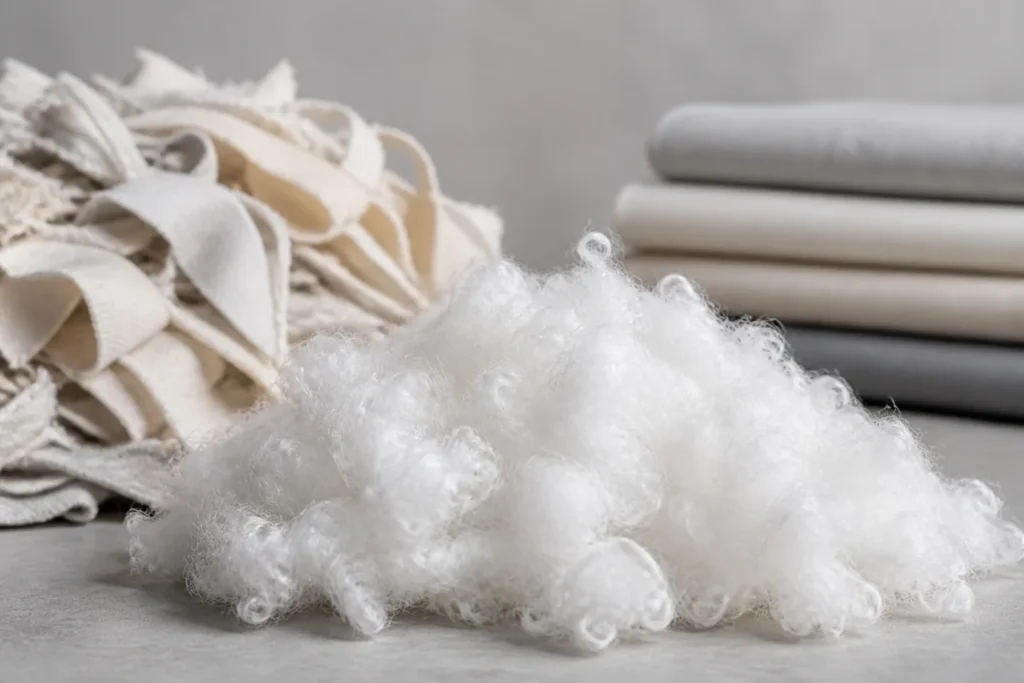 Brand-neutral representative image of mechanically recycled textile-to-textile polyester staple fiber