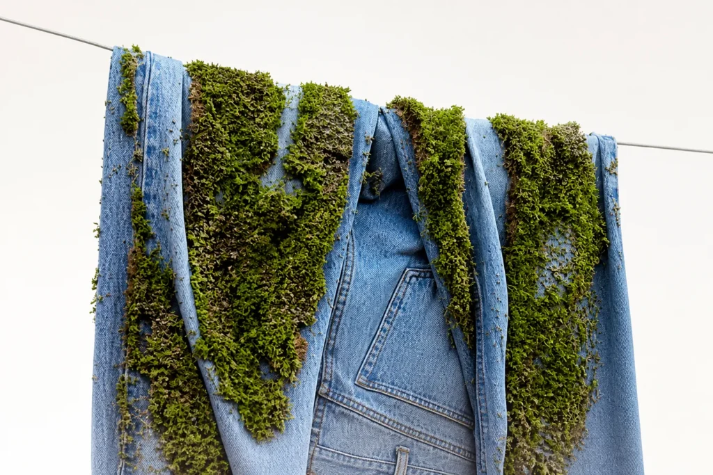 Denim textile recycling application visual for enzymatically recycled polyester staple fiber