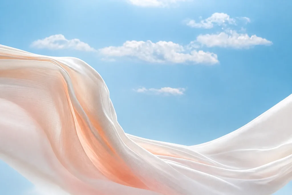 Flowing lightweight fabric application visual for moisture-wicking polyester staple fiber