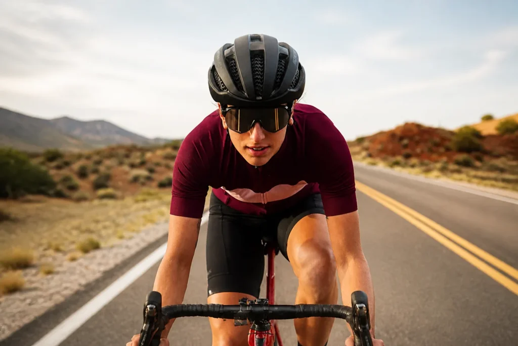 Cycling sportswear application visual for thermoregulating polyester staple fiber