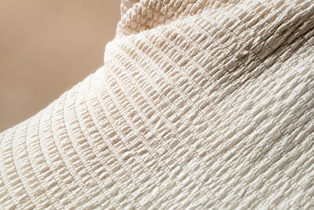 Textured high-shrink fabric application visual for high-shrinkage polyester staple fiber