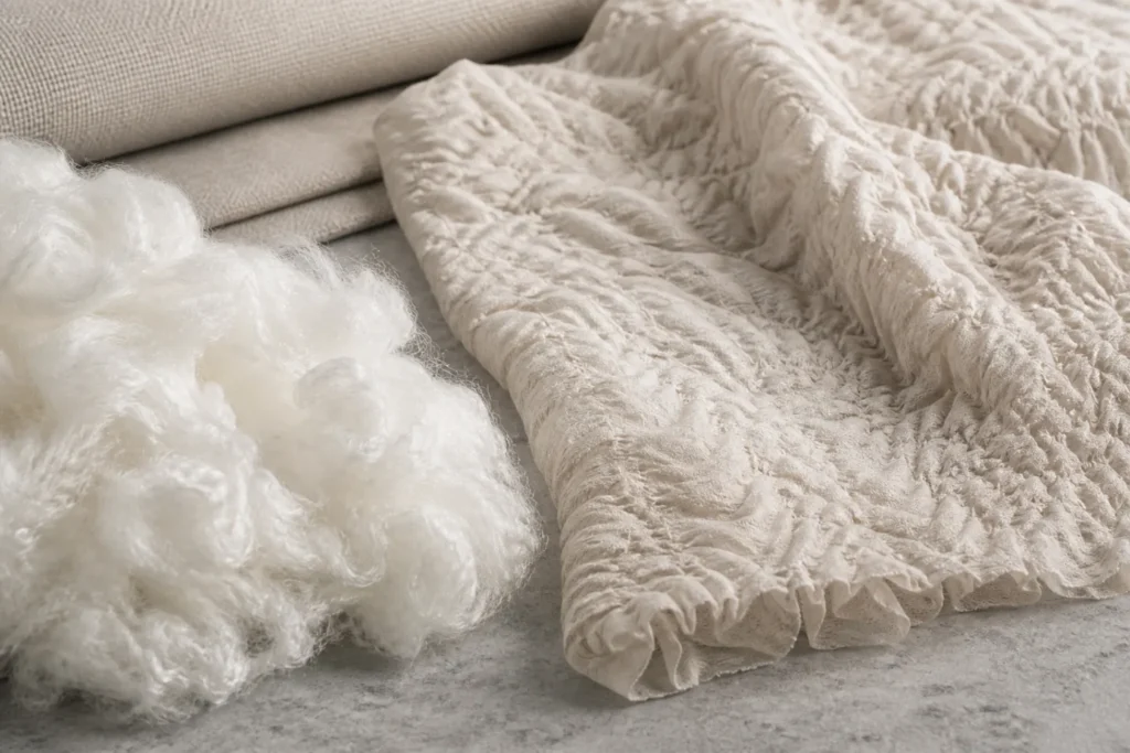 Brand-neutral representative image of high-shrinkage polyester staple fiber and textured fabric