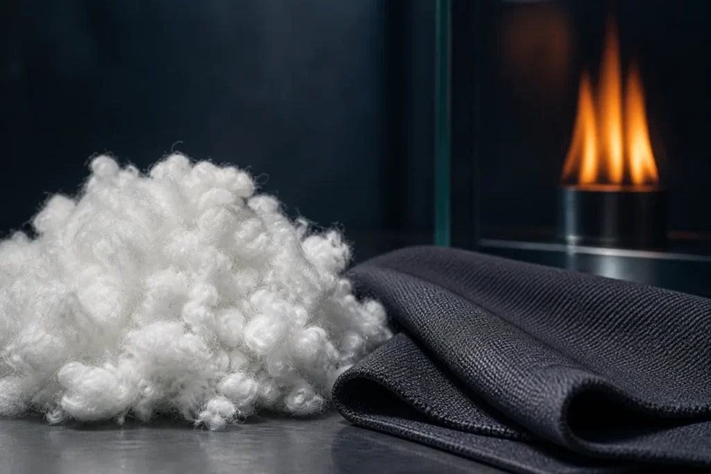 Brand-neutral representative image of flame-retardant polyester staple fiber and technical fabric