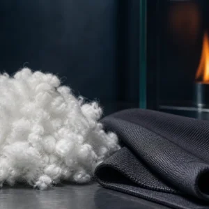 Brand-neutral representative image of flame-retardant polyester staple fiber and technical fabric