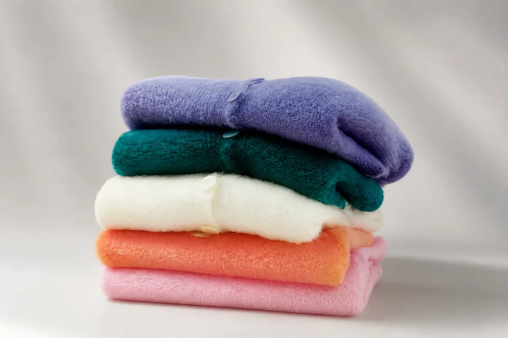 Dyed textile swatches application visual for easy-dye cationic polyester staple fiber