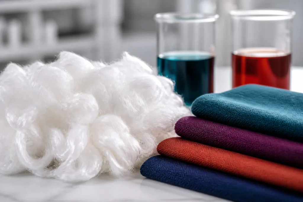 Brand-neutral representative image of cationic dyeable polyester staple fiber and dyed textiles