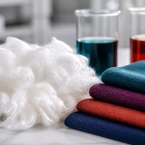 Brand-neutral representative image of cationic dyeable polyester staple fiber and dyed textiles