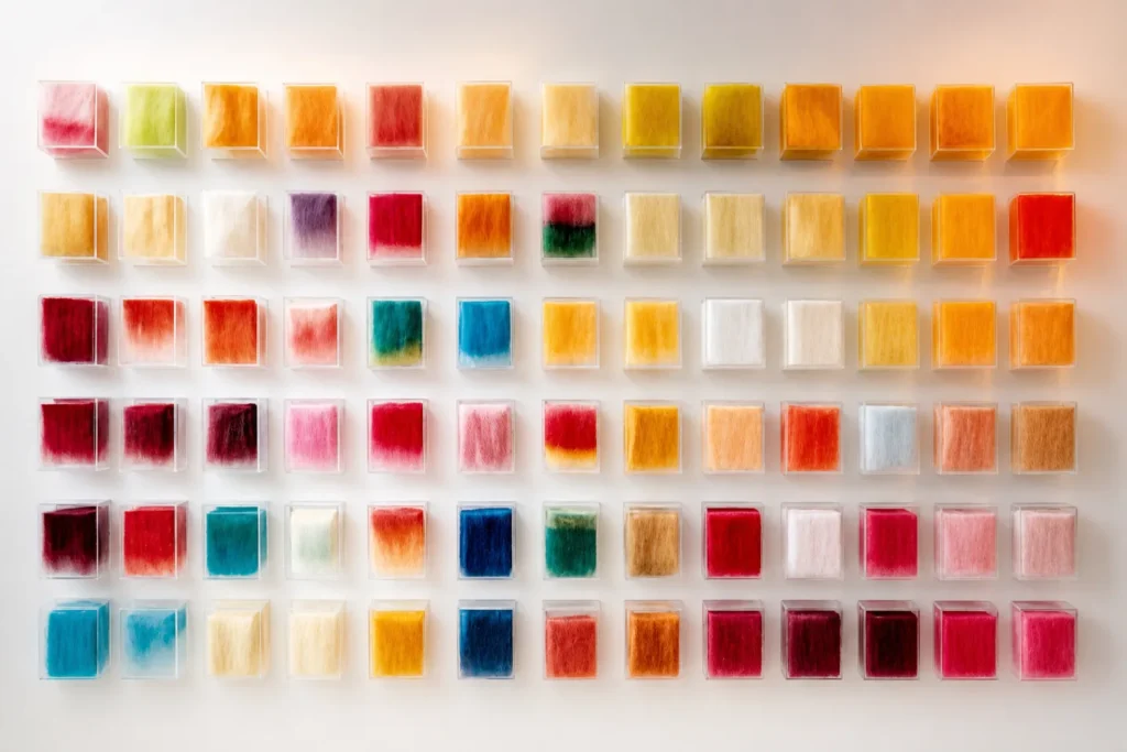 Color shade samples application visual for dope-dyed polyester staple fiber