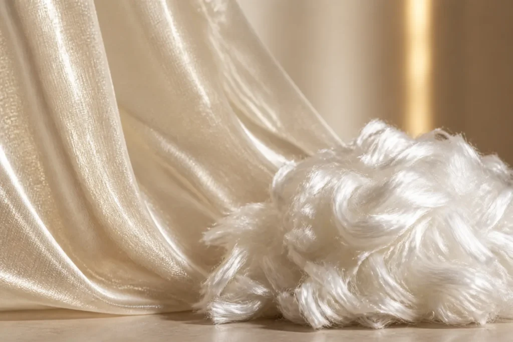 Brand-neutral representative image of lustrous polyester staple fiber and luminous textile