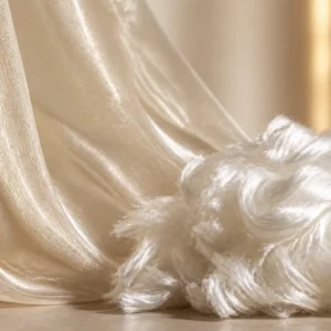 Brand-neutral representative image of lustrous polyester staple fiber and luminous textile