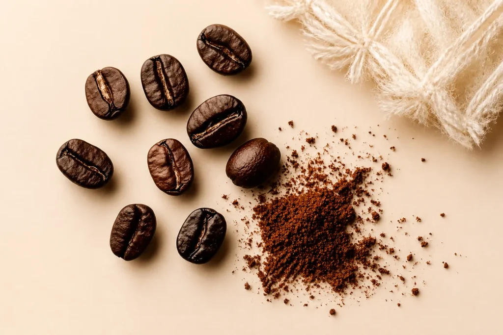 Coffee beans and textile fiber application visual for coffee-infused polyester staple fiber